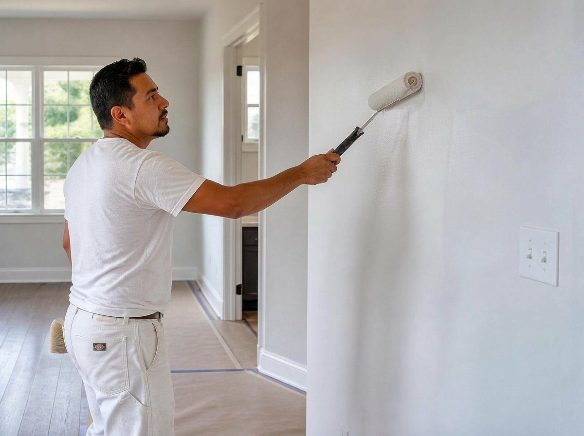 Professional painter rolling fresh paint onto an interior wall